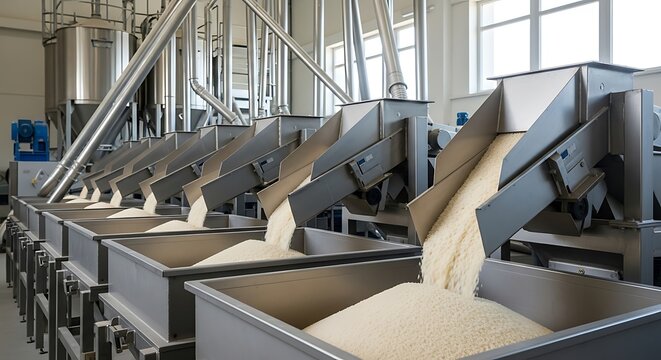 Industrial grain processing equipment filling containers with processed flour or grains