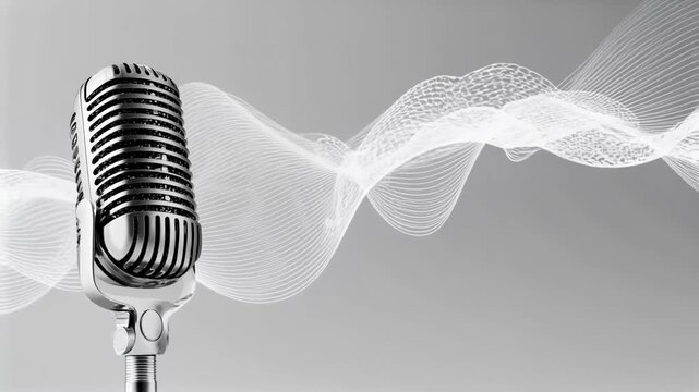 Vintage microphone with dynamic sound waves in modern studio setting