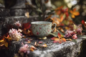 Herbal tea in cup with fall decorations
