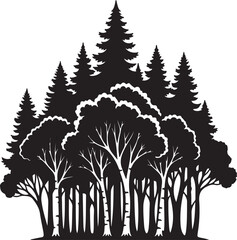 Obraz premium Minimalist forest silhouette vector, black pine and birch tree cluster, woodland landscape icon for outdoor branding