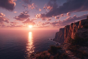 Serene sunset at a coastal cliff ocean