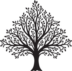 Obraz premium Symmetrical tree silhouette with intricate branches, black botanical leaf vector, organic nature element for logo design