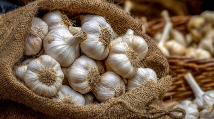 Fresh Garlic Bulbs in a Natural Jute Bag Ready for Culinary Use at a Local Market or Farm Stand to Enhance Flavor and Aroma of Dishes