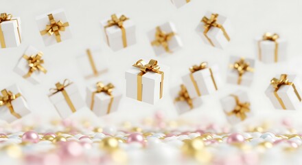 Falling Gift Boxes with Golden Ribbons and Decorative Balls on White