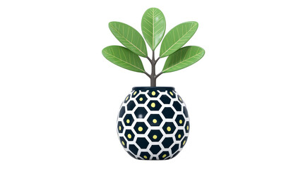 Obraz premium Green leaf plant in geometric black and white ceramic pot, modern home decor, isolated on transparent background, fresh and stylish interior accent