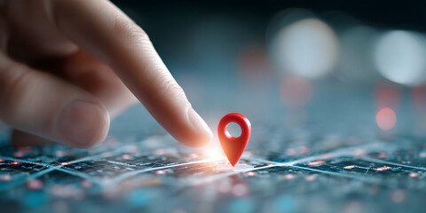 Finger touching red location pin digital interface lifestyle minimal