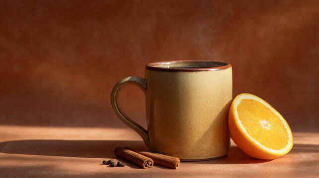 Spiced orange tea in ceramic mug, muted terracotta background, winter sunlight