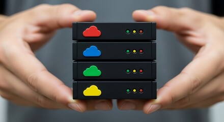 Hands holding stack of cloud servers representing data storage and network connectivity