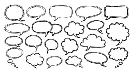 Collection of hand-drawn speech bubbles and thought clouds in various shapes and sizes.