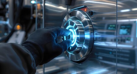 Hand in Safety Glove Operates Illuminated Valve on Modern Machine