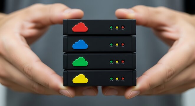 Hands holding stack of cloud servers representing data storage and network connectivity - Powered by Adobe