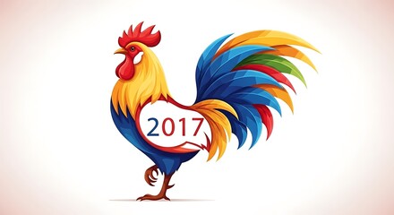 Stylized rooster with vibrant plumage represents the year 2017.