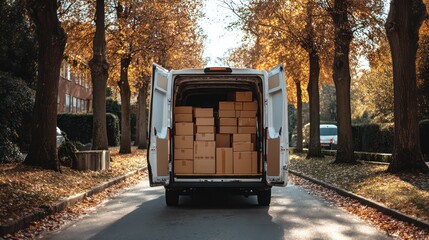 Parked white cargo van full boxes