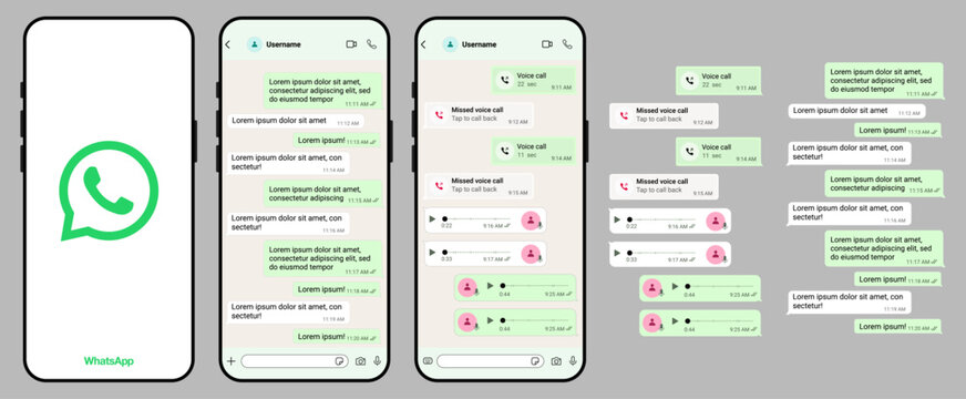 WhatsApp messaging interface light mode showcasing chat conversations, voice messages and calls, WhatsApp mobile app UI design for communication and social networking