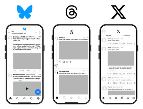 Bluesky, Threads and X social media app interfaces comparison showcasing modern microblogging feeds and post layouts
Bluesky, Threads and X mobile social platforms UI design with timelines, posts