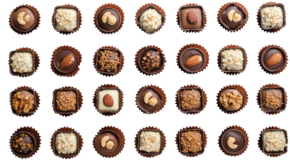 Valentine day assorted chocolates arranged in a grid showcasing various fillings and textures pure white background cutout