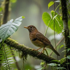 Naklejka premium A small brown bird perches on a mossy branch in a misty forest.
