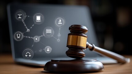 Close-up of a wooden gavel beside a laptop, with digital legal icons overlayed. Soft focus background suggesting a desk and law symbols