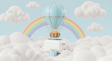 Surreal dreamscape with hot air balloon toaster rainbow and clouds
