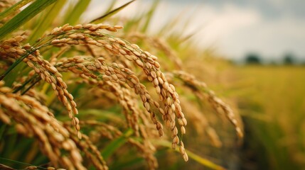 Fototapeta premium Close-Up View of Golden Rice Grains in a Lush Green Field Under a Cloudy Sky Showcasing the Beauty of Agriculture and Nature in Rural Landscapes