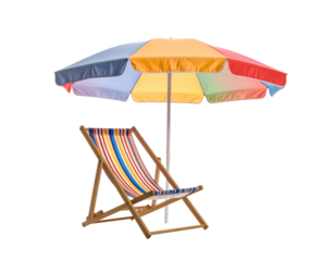 A wooden beach chair sits beneath a colorful striped umbrella with yellow, red, blue, green and white panels on white background  PNG