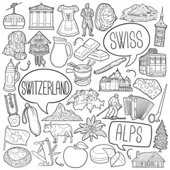Switzerland icons of culture and traditions in hand drawn line art vector symbols.