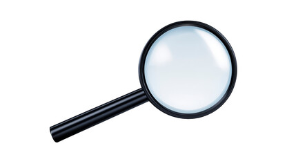 Magnifying glass search tool transparent lens black handle isolated object closeup clarity inspection focus curiosity used for reading small text or examining details simple design