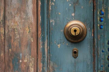 Fototapeta premium Weathered door with brass lock in a rustic setting taking viewers back in time