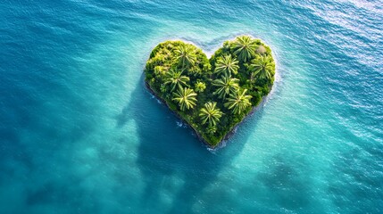 Aerial view of a heart shaped tropical island surrounded by turquoise ocean
