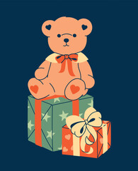 A retro clip art illustration of a cute teddy bear sitting on top of a stack of gifts with a heart. An isolated, playful graphic element for birthdays and holidays.