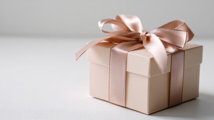 Obraz premium Gift box wrapped in muted blush paper with silk ribbon, placed off-center on matte white background, airy negative space