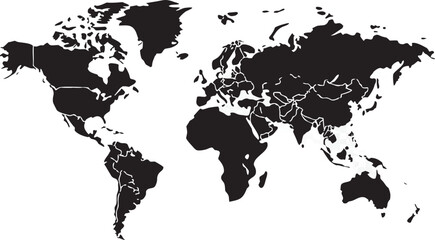 Detailed world map with white country outlines on black continents transparent background © Sadhin07