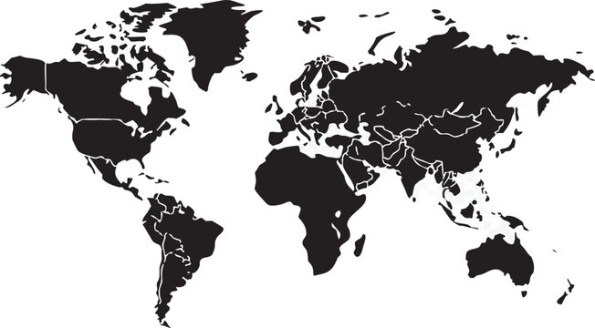 Detailed world map with white country outlines on black continents transparent background