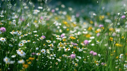 A Vibrant Meadow Filled with Colorful Wildflowers in Full Bloom Under a Clear Blue Sky Capturing the Essence of Spring and Natural Beauty