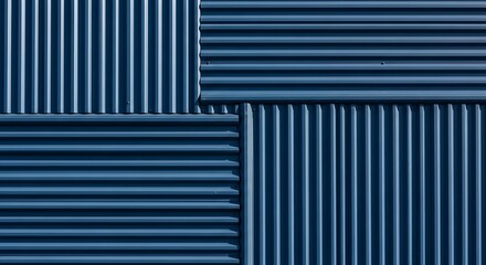 Textured blue corrugated metal panels form geometric patterns.