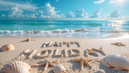 Happy Holiday Typography on Tropical Beach with White Sand and Blue Sea