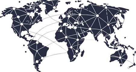 stylized world map with interconnected nodes and lines representing global network technology and communication on transparent background © Sadhin07