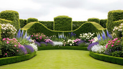 Lush garden with manicured hedges and vibrant flowers