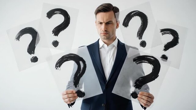 Man in Suit Holding Question Marks.