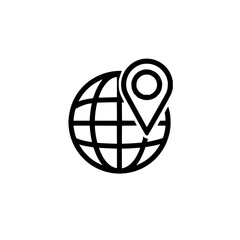 Black Globe Icon with Location Pin on White Background
