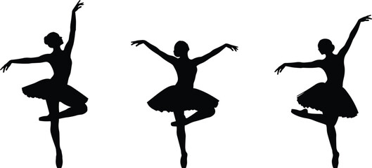 Three black silhouette ballet dancers in graceful poses on white background vector © Olaja Vector Vision