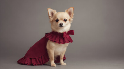 Chihuahua dog wearing an elegant burgundy dress with a bow. Cute pet fashion accessory for small animal style and festive occasions.