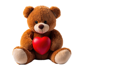 Valentine day cute teddy bear holding a red heart with a soft expression on its face clean white background cutout