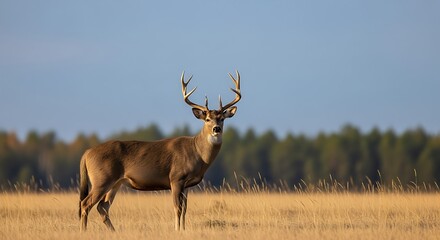Obraz premium Majestic buck stands in a golden field under a clear blue sky.