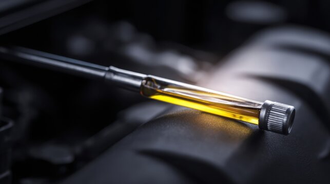 close up of engine oil dipstick showing dark but normal used oil, clean engine bay background, realistic lighting, automotive macro photography