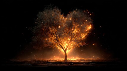 Glowing heart shaped tree in dark landscape