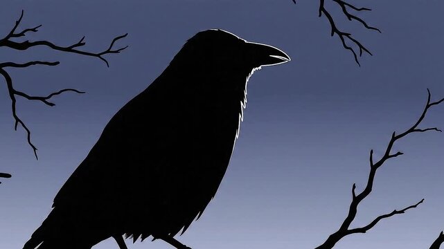 A solitary crow silhouette perched on a bare tree branch against the twilight sky
