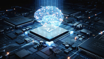 Illuminated square chip with a glowing circular pattern above it, surrounded by dark shapes and bright light rays emanating upwards