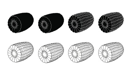 Illustrations of corn cobs in various stages of processing and detail