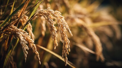 Obraz premium Golden Rice Grain on the Plant Under Bright Sunlight Showcasing the Beauty and Richness of Agricultural Harvesting in Autumn Season